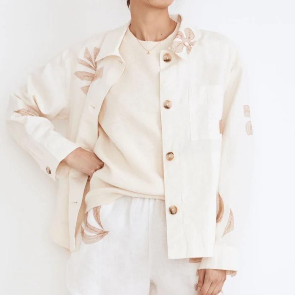 Madewell NEW Embroidered Floral Linen Shacket Shirt Jacket SZ Large Boho Coastal